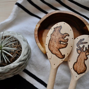 Wood Burned Cooking Spoons Set of 2 in Rustic Animal Silhouette