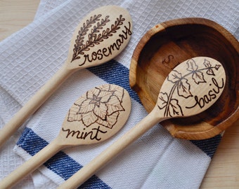 Wood Burned Kitchen Cooking Spoon With Herbs: Set of 3, Custom also Available.