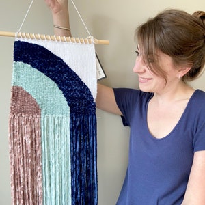 Hand Woven Geometric Wall Hanging in Grey, White Navy and Purple, Custom Available