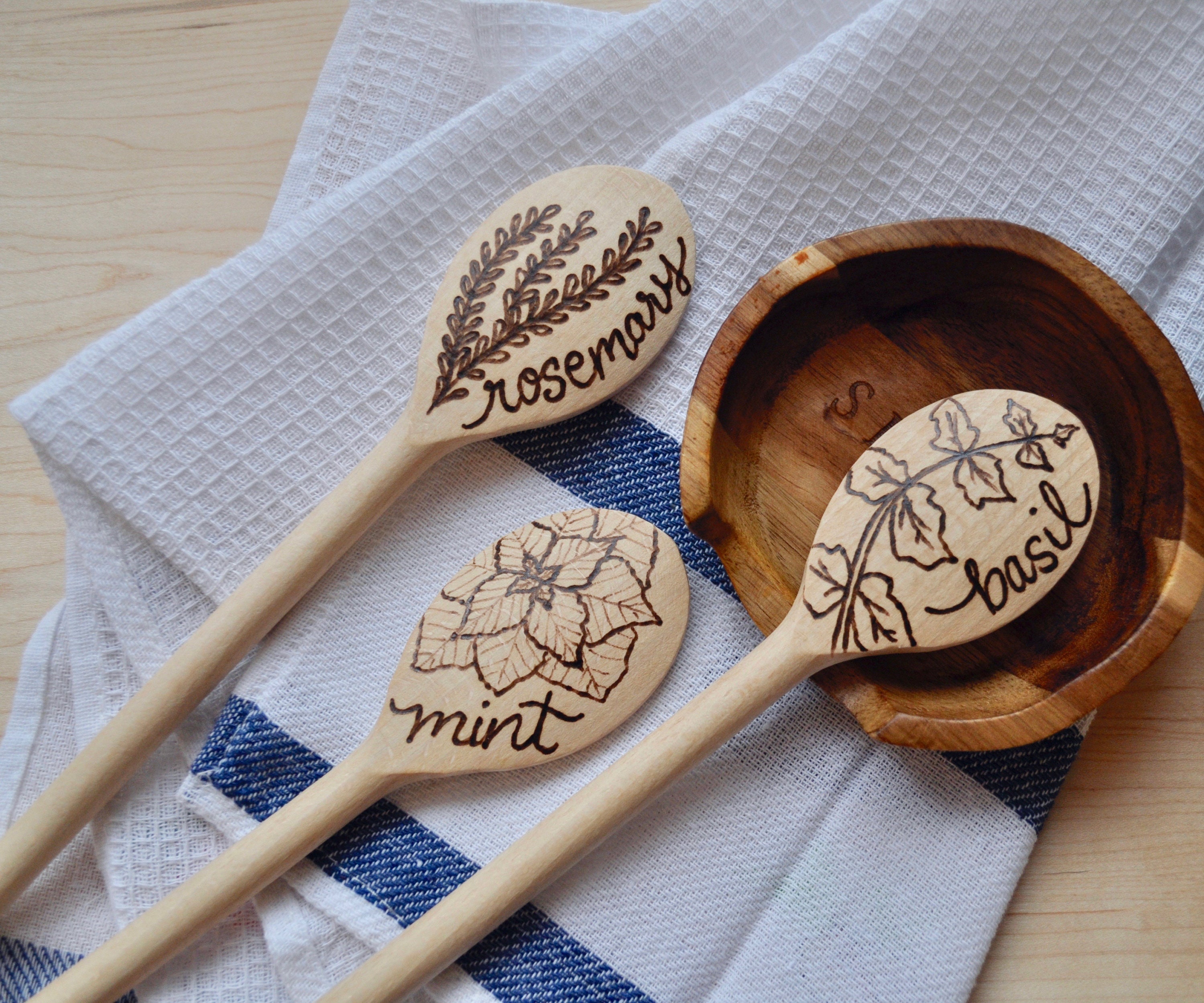Wood Burned Kitchen Cooking Spoon With Herbs Set of 3 Custom Etsy