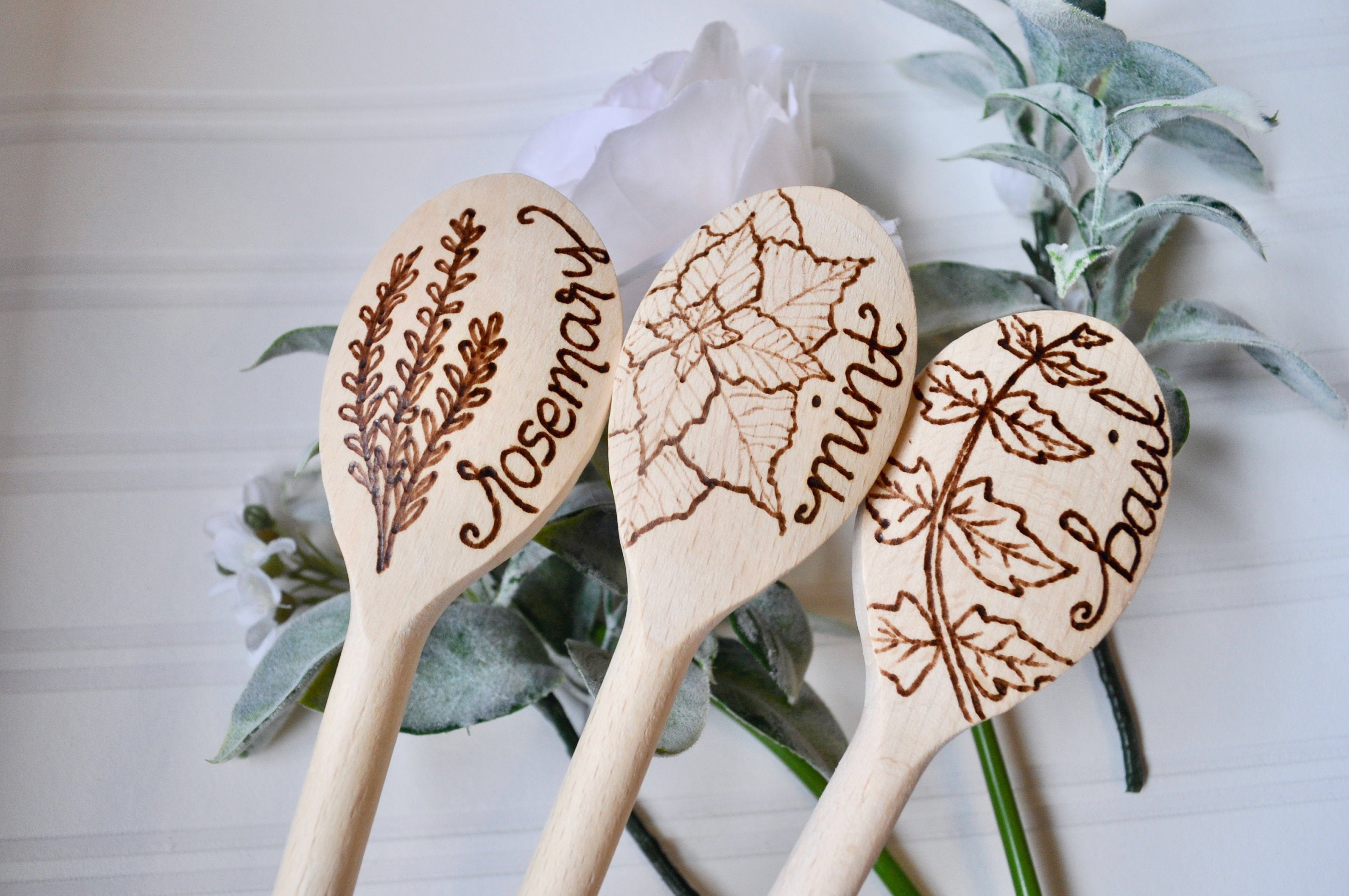 Wood Burned Kitchen Cooking Spoon With Herbs Set of 3 Custom Etsy