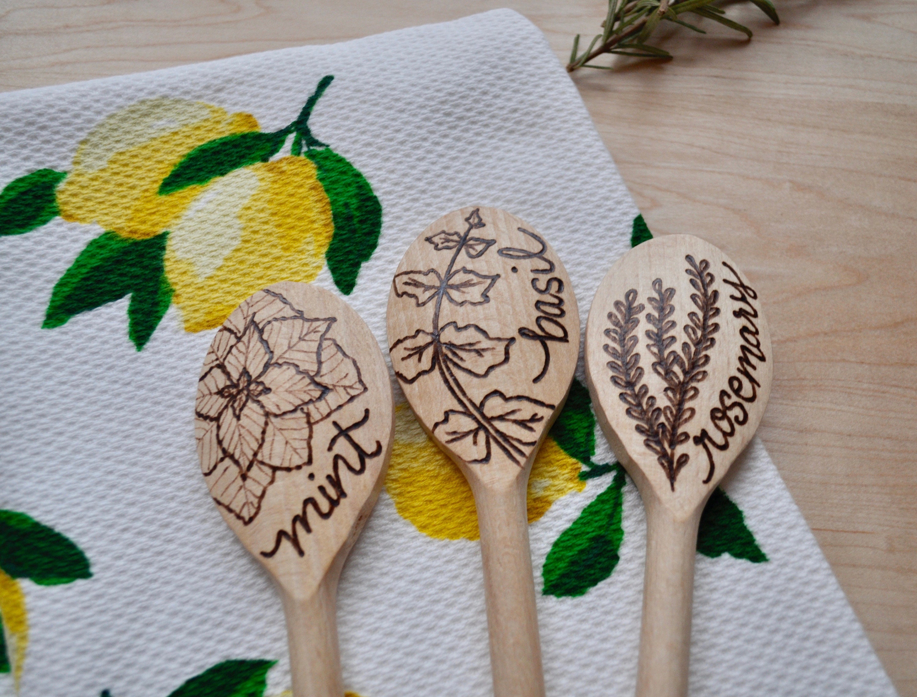 Wood Burned Kitchen Cooking Spoon With Herbs Set of 3 Custom Etsy