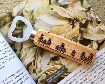 Wood Burned Handheld Bottle Opener in Forest Pines