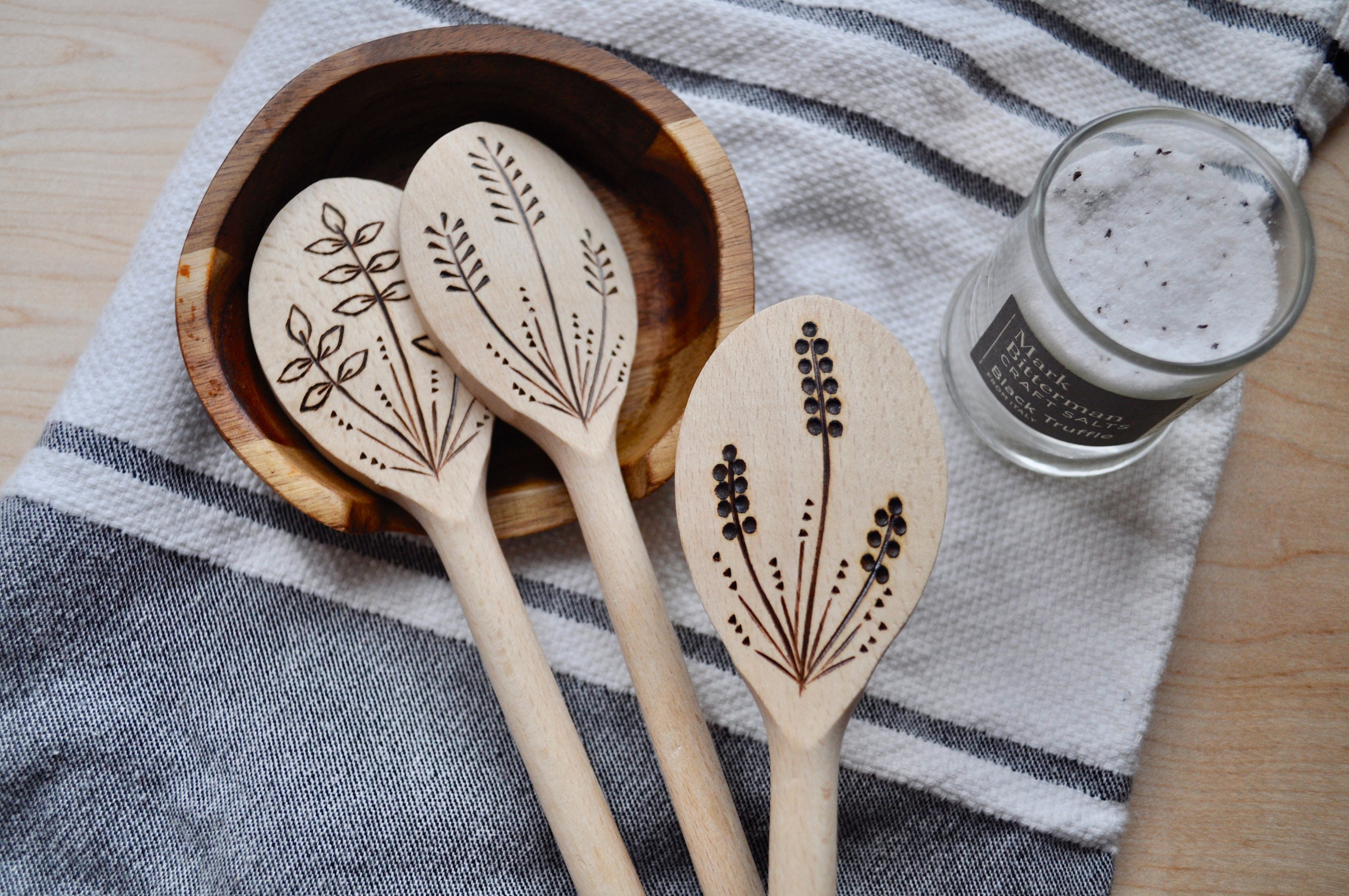 Wood Burned Kitchen Cooking Spoon With Plants: Set of 3 - Etsy