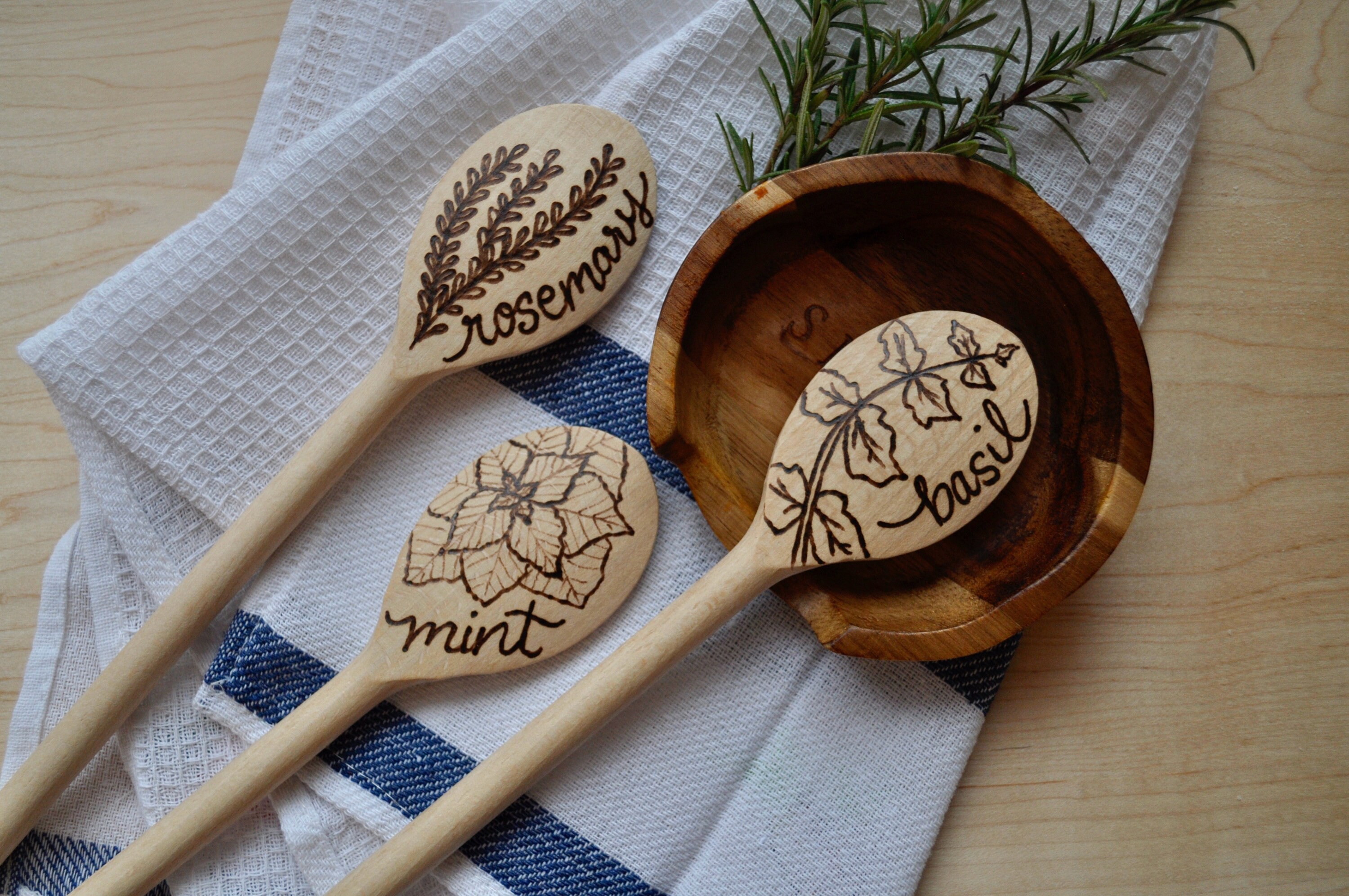 Wood Burned Kitchen Cooking Spoon With Herbs Set of 3 Custom Etsy