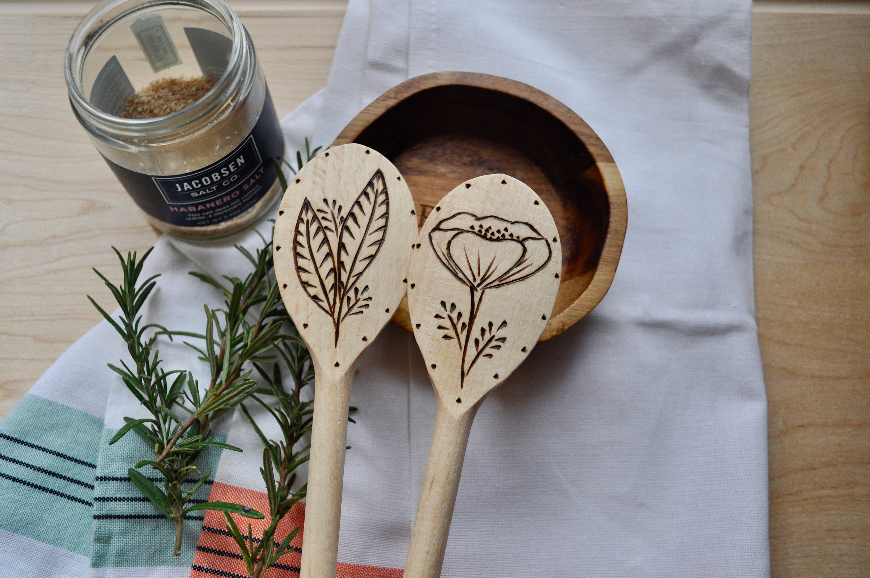 Wood Burned Cooking Spoons in Shaded Leaves and Flower Set of 2, Custom ...