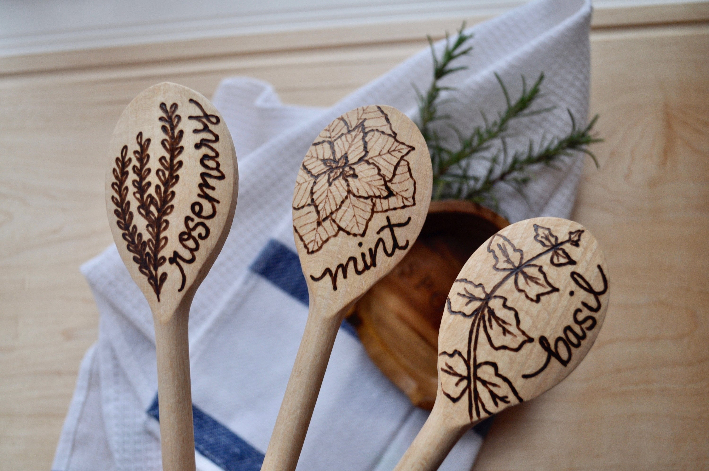 Wood Burned Kitchen Cooking Spoon With Herbs: Set of 3 Custom | Etsy