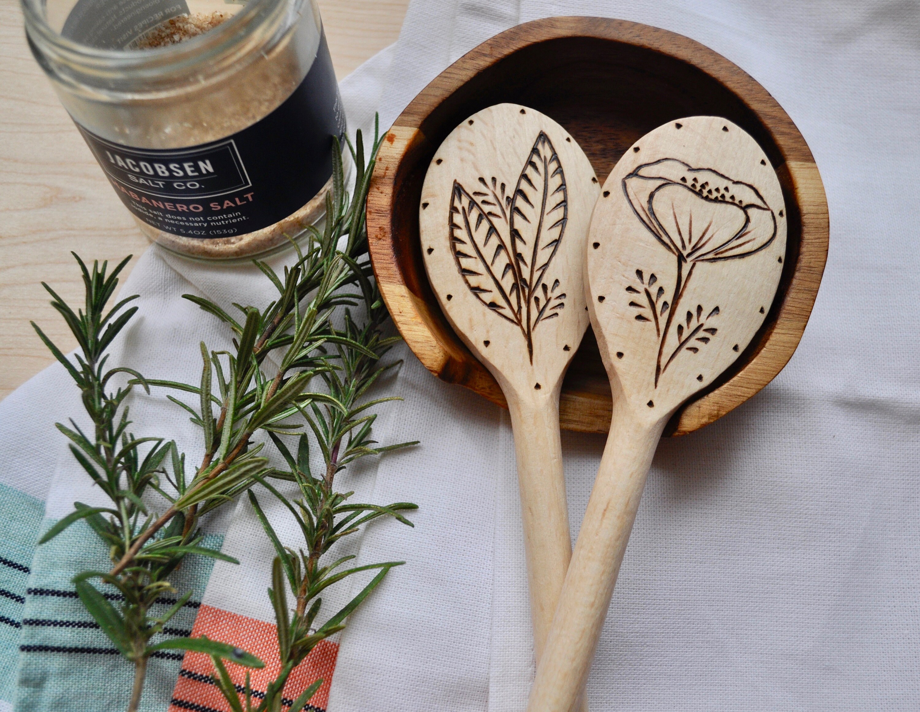 Wood Burned Cooking Spoons in Shaded Leaves and Flower Set of 2, Custom ...