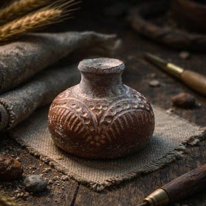 Może przedstawiać: Mały, brązowy, ręcznie wykonany ceramiczny wazon z misternymi, rzeźbionymi wzorami kwiatowymi. Wazon stoi na kwadracie płótna jutowego, otoczony narzędziami i kłosami pszenicy, sugerując rustykalny, rzemieślniczy motyw. Wazon ma zaokrąglony korpus i wąską szyję.