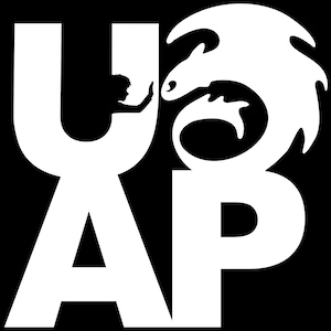 May include: A white graphic design on a black background featuring the large letters U, A, and P. The letter U contains a silhouette of a person reaching out a hand toward a white silhouette of a dragon, which is positioned within the letter P.