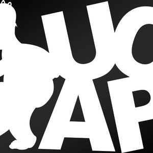 May include: A white silhouette of a cartoon character sitting on the letters "U-O-A-P" in a black background.