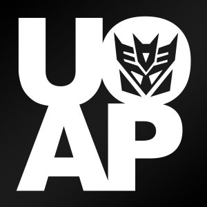 May include: Black and white graphic design with the letters "UAP" and a stylized robot head in a circle. The robot head is black and white and has a triangular face with a single eye.