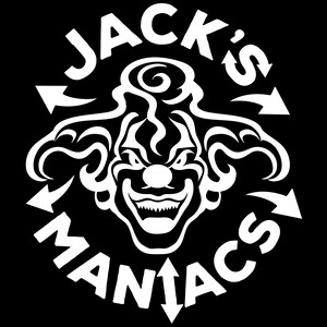 May include: A white graphic design on a black background featuring a stylized clown face with a wide, toothy grin. The text JACK'S is arched above the clown, and MANIACS is arched below, with four white arrows pointing in a circular direction.