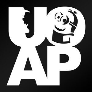 May include: A white silhouette of the letters "YOU" with a cartoon minion's face inside the "O". The letters "AP" are below the "YOU" and are also white.
