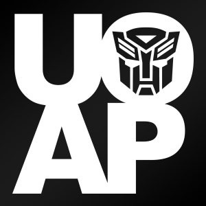 May include: White letters spelling "UAP" with a black and white robot face in a circle behind the "A".