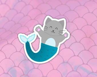 Mermaid Cat Sticker | Nautical Sticker | Cute Kawaii Art | Stickers for Kids | Laptop Sticker