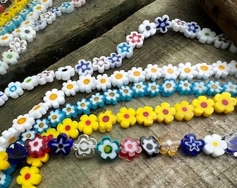Millefiore glass flowers, Daisy, Sunflowers and Rainbow Flower beads 6-8 mm / Variations of pattern and colour