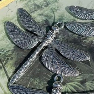 Large intricately designed silver plated Dragonfly pendants / 79x60mm