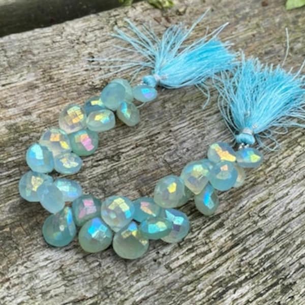 Natural Rustic Aqua Mystic AB Coated Chalcedony Faceted Handcut  Briolette beads 10-12mm approx CHOOSE QUANTITY heart briolettes