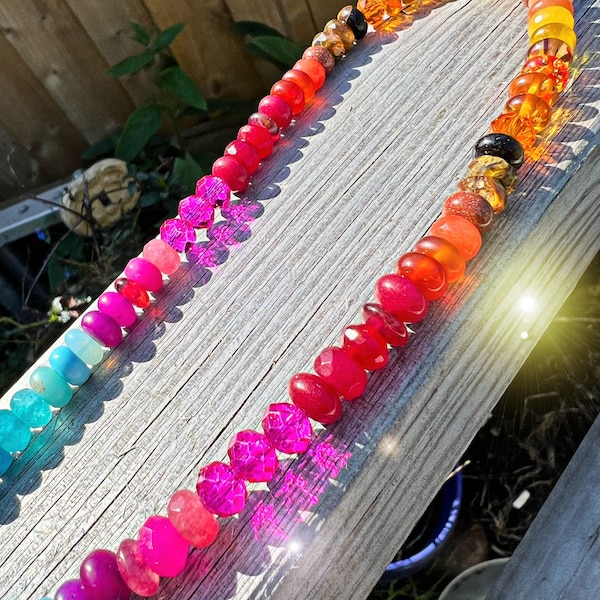 Custom Rainbow Sunset on the Beach Gemstone & Crystal Beaded Necklace Solid Sterling Silver Clasp (Gold Vermeil on request) CHAKRA