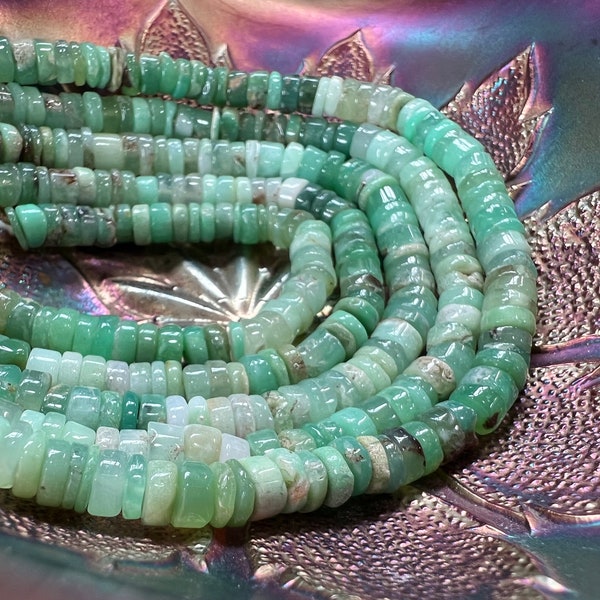 Rustic Handcut Natural Chrysoprase Green Rondelle smooth ROUND Heishi Beads / Gemstone Beads/ Approx 5-6mm
