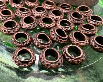 Fabulous rustic engraved  large hole copper spacers 8mm approx / 5 beads