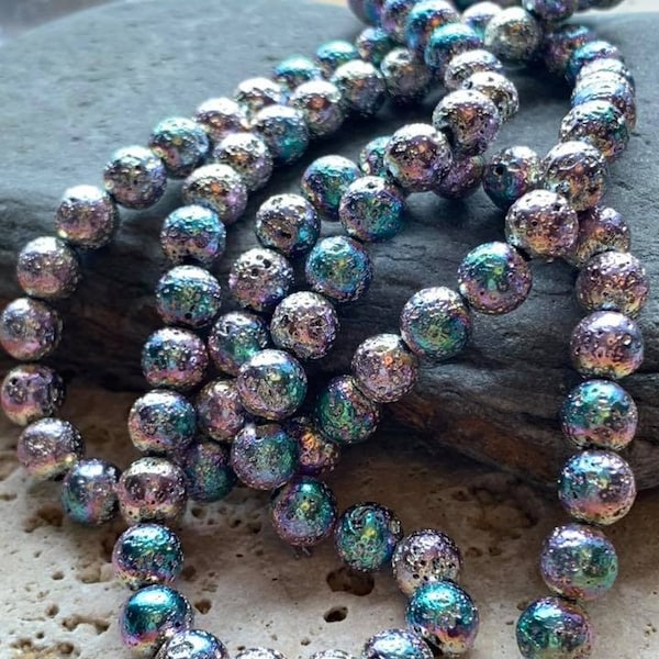 Metallic Lava Rock beads 8mm - pale lilac and turquoise tones  soft metallics. Unique Beads