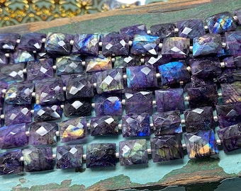 Rustic uneven Purple Labradorite faceted Chiclet Rectangle handmade Beads 10mm 18 bead strand
