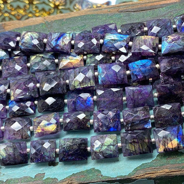 Rustic uneven Purple Labradorite faceted Chiclet Rectangle handmade Beads 10mm 18 bead strand