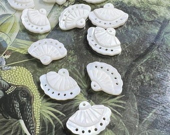 SOLD per bead / Shimmering Carved Mother of Pearl fans with connector holes. 20mm