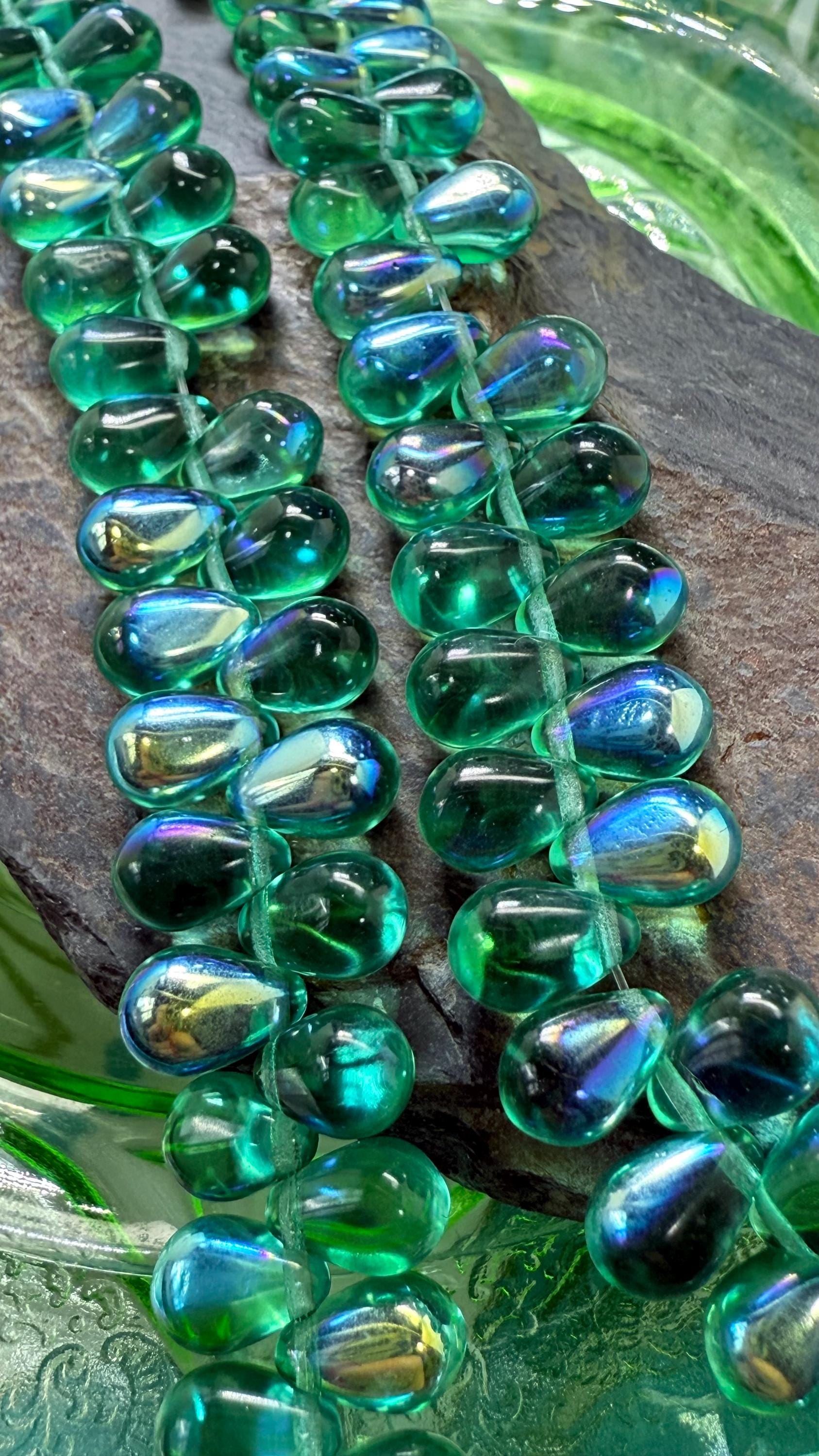 Amazing Glowy Firepolished Teal Green Matte Czech Glass Drops 6 X