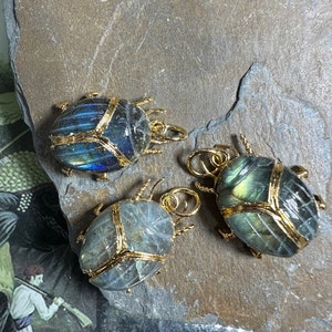 1 Focal pendant bead  Labradorite Hand Carved  Scarab Beetle with Gold Plated Bail 25mm approx Insect Jewellery