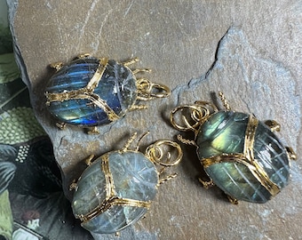 1 Focal pendant bead  Labradorite Hand Carved  Scarab Beetle with Gold Plated Bail 25mm approx Insect Jewellery