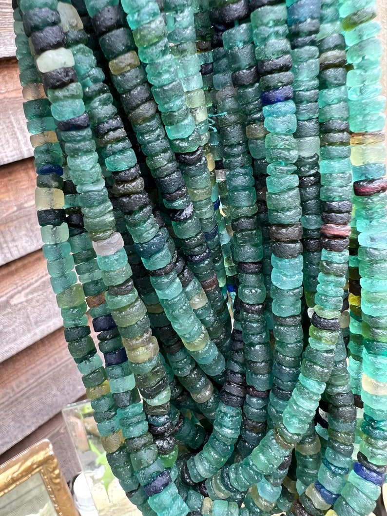 Large Roman Glass Disc tyre Rondelles Beads Blue Aqua Green Natural aged beads / Ancient Rare Beads 13.5 strand 5-6 mm approx beads 14' image 2