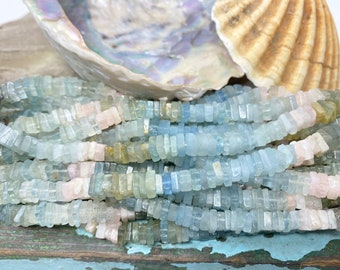 Aquamarine / Mixed Beryl Square Heishi Handmade 100% Natural  beads, 6-7 mm Hand cut Rustic beads  Aquamarine Spacer rondelle Beads 10 Beads