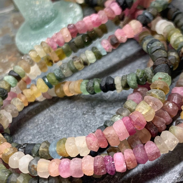 Hand Formed natural rustic matte  glowy multi coloured gemstone Tourmaline rondelles beads 3-4 mm approx hand cut