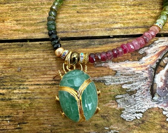 Beautiful Jade Scarab Beetle and Watermelon Tourmaline Beaded Gemstone pendant necklace Handmade