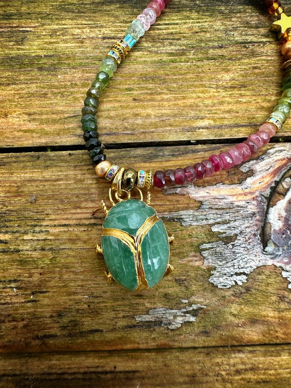 Beautiful Jade Scarab Beetle and Watermelon Tourmaline Beaded Gemstone pendant necklace Handmade