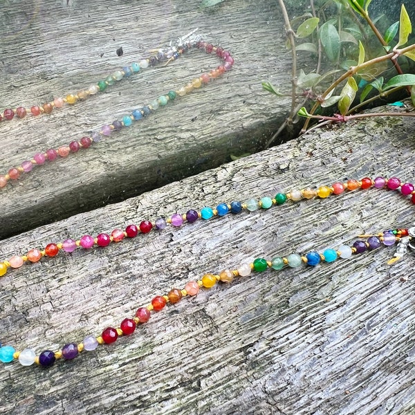 Custom Rainbow Multi Gemstone Beaded Necklace One of a Kind Handmade - made to order CHAKRA balance knotted 4mm