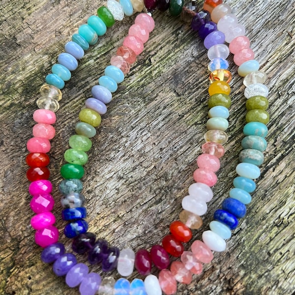 MONICA Custom Rainbow Multi Gemstone Beads 16 inch choker style