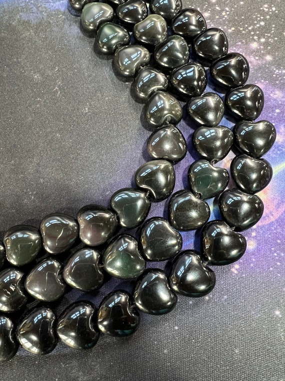 Rainbow Obsidian Heart Beads 14mm / Natural Beads /Black heart beads /  Natural Gemstone beads