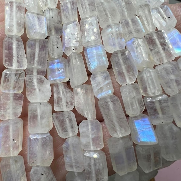 Mesmerising Flashy Natural Rainbow Moonstone Natural Rustic Step Cut Rectangle Beads Handcut / 10-12mm approx / 20cm strand