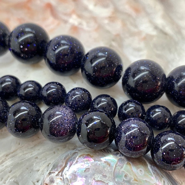 Blue Goldstone / Sandstone beads 8mm rounds / Sparkly dark blue beads