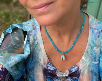 Lab created Ethiopian Opal Scarab Necklace Turquoise Opal Rondelles Handmade Boho Gemstone Necklace Gold Plated Clasp