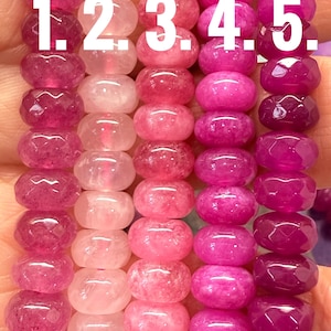 May include: Five strands of pink and purple gemstone beads, numbered 1 through 5, showing a gradient of colour from light pink to dark purple.
