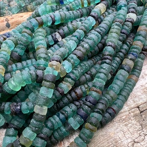 Large Roman Glass Disc tyre Rondelles Beads Blue Aqua Green Natural aged beads / Ancient Rare Beads 13.5 strand 5-6 mm approx beads 14' image 3