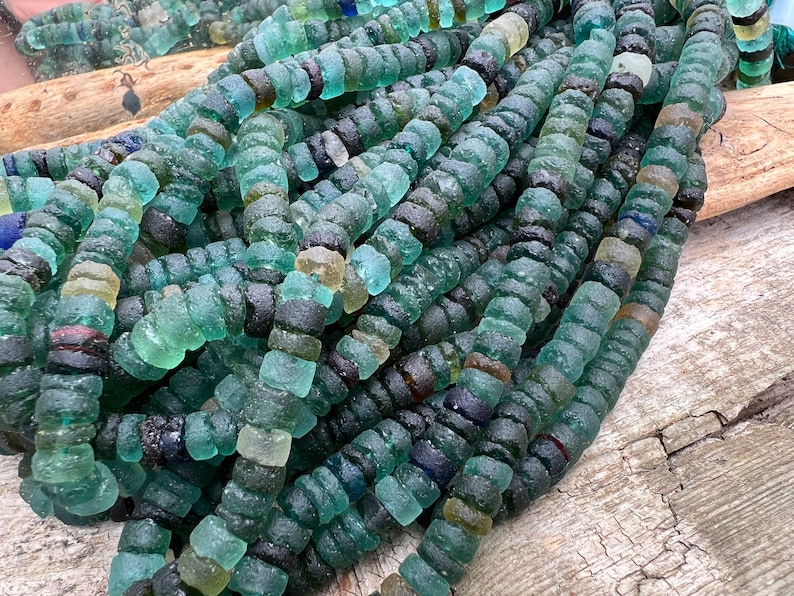 Large Roman Glass Disc tyre Rondelles Beads Blue Aqua Green Natural aged beads / Ancient Rare Beads 13.5 strand 5-6 mm approx beads 14' image 3