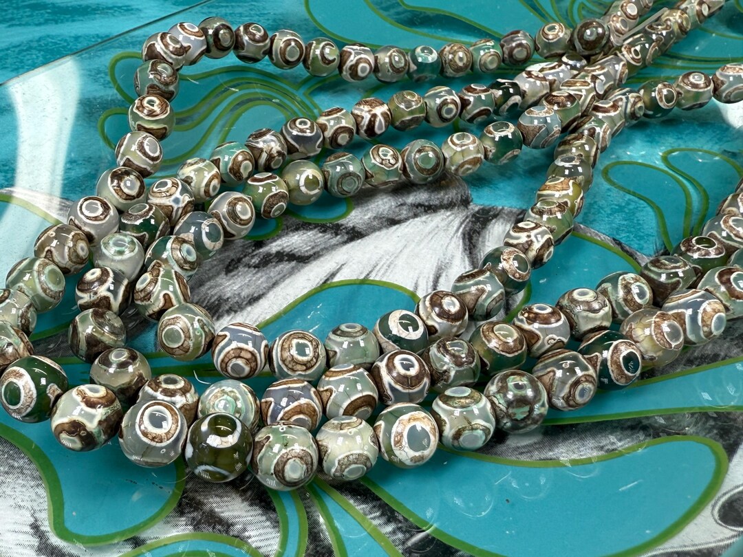 Tibetan Eye Green Brown Agate Beads 8mm / DZI Heavens Eye Beads