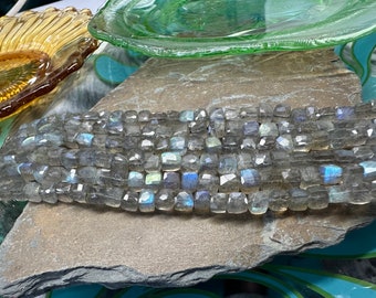 Natural Rustic Flashy Faceted Labradorite Cube Beads 5mm approx handcut 26cm strand - 56 beads approx