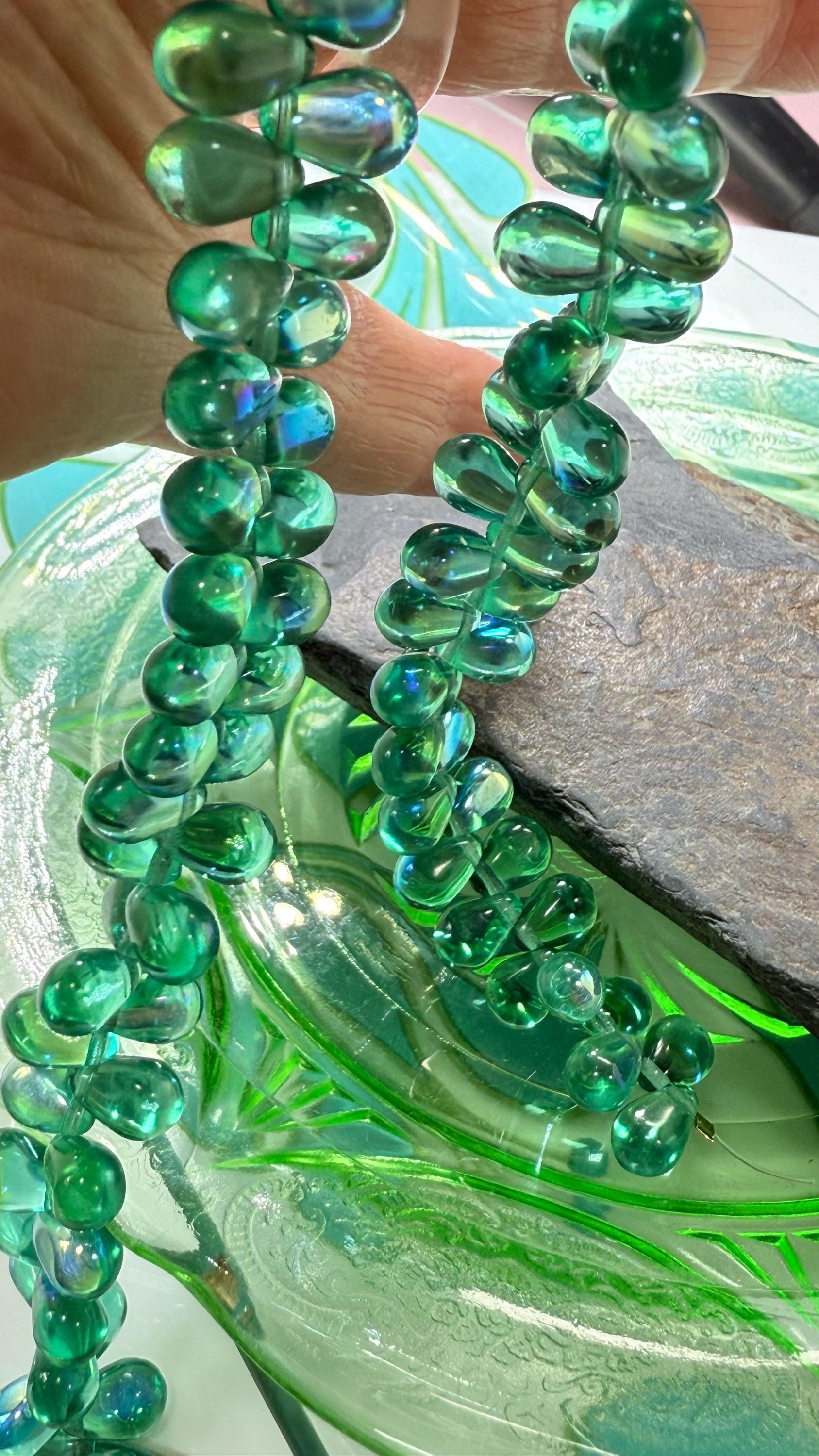 Amazing Glowy Firepolished Teal Green Matte Czech Glass Drops 6 X